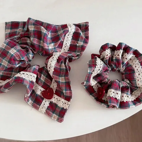 Vintage Plaid Scrunchie Hair Band Set With Heart Button Lace Edge Checkered Hair Ties For Women Girls Hair Accessories