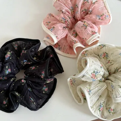 Korean Fashion Floral Chiffon Scrunchies Pleated Large Hair Ties Contrast Binding Vintage Hair Rope For Women Daily Accessories