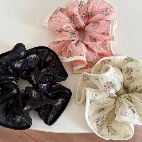 Korean Fashion Floral Chiffon Scrunchies Pleated Large Hair Ties Contrast Binding Vintage Hair Rope For Women Daily Accessories