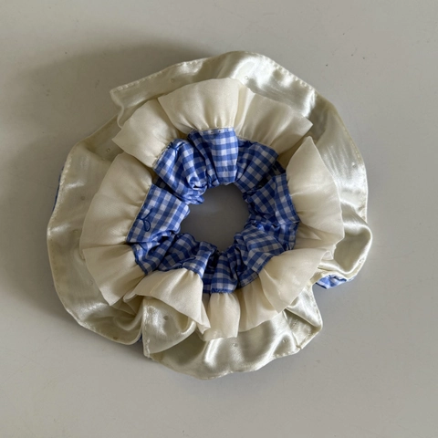 Dolci Elastici per Capelli a Quadri Blu e Bianchi Donna Fiocco Pizzo Künstliche Perle Doppia Strato Stoffa Moda Accessori Capelli