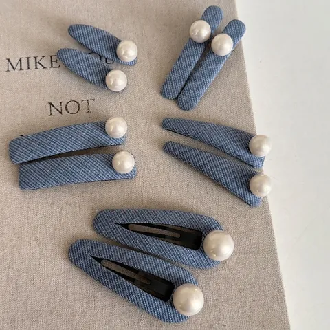 Mollette per Capelli in Denim con Künstliche Perle per Donna Stile Coreano Blu a Becco d'Anatra Eleganti Accessori Retro per Ufficio
