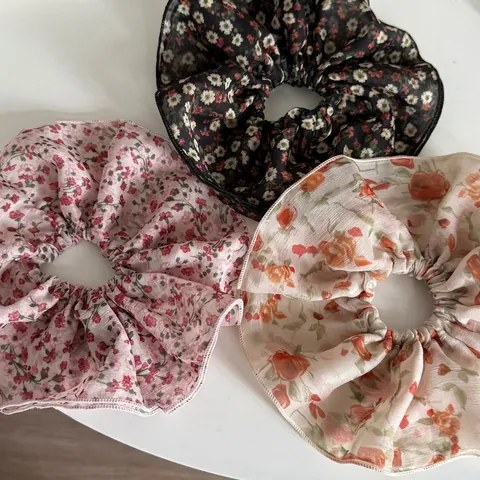 Coleteros de Tela de Gasa Dulce con Flores para Mujer Estilo Bosque Patrón de Flores Gomas Elásticas para el Pelo Accesorios