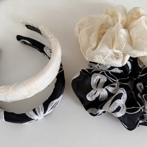 Französische Vintage Bestickte Blumen Polyester Haargummi Und Stirnband Schwarz Weiß Handgemachte Haarschmuck Kopf Hoop