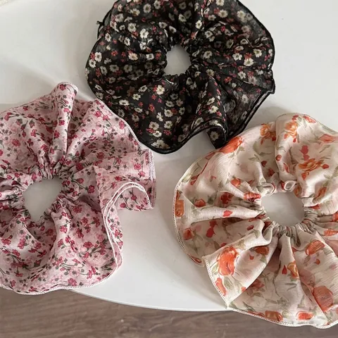 Coleteros de Tela de Gasa Dulce con Flores para Mujer Estilo Bosque Patrón de Flores Gomas Elásticas para el Pelo Accesorios