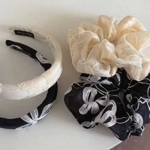 Französische Vintage Bestickte Blumen Polyester Haargummi Und Stirnband Schwarz Weiß Handgemachte Haarschmuck Kopf Hoop