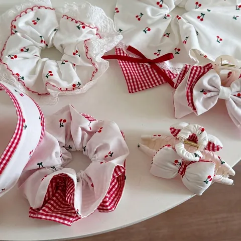 Süßer Kirschdruck Gingham Spitze Scrunchie Handgefertigte Schleife Haarklammer Stirnband Für Damen Mädchen Haarschmuck Stoff
