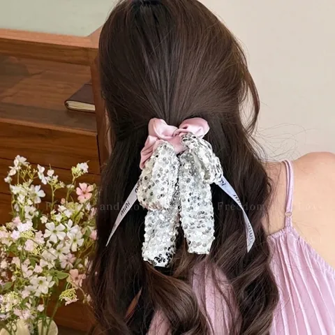 Elegante Scrunchie in Raso Con Fiocco di Paillettes E Nastro Grande Elastico Per Capelli Per Donna Accessori Per Capelli Regalo