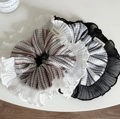 Coleteros Grandes de Patchwork de Malla a Cuadros Franceses Gomas de Pelo de Tela a Cuadros Soporte para Coleta Accesorios para el Cabello Mujer