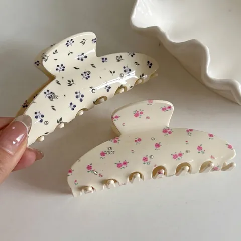 Pinza para el Cabello Vintage Azul Floral Cereza Diamantes de Imitación Elegante Pinza de Tiburón de Acrílico para Mujer Accesorio de Peinado