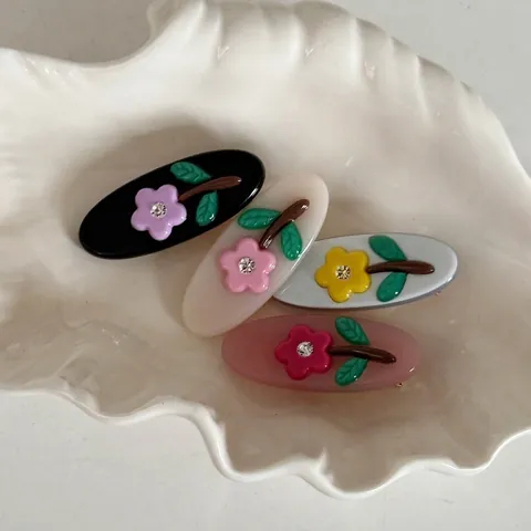 Dulce Clip de Pelo Ovalado con Flor de Strass para Mujeres Niñas Acetato Color Gelatina Clip de Pico de Pato Accesorio Lindo