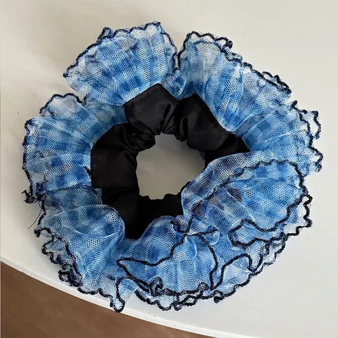 Coletero de Malla a Cuadros Azul y Blanco para Mujer Anillo de Pelo de Tela Gasa Plisada Elástica Estilo Francés Accesorios para Pelo