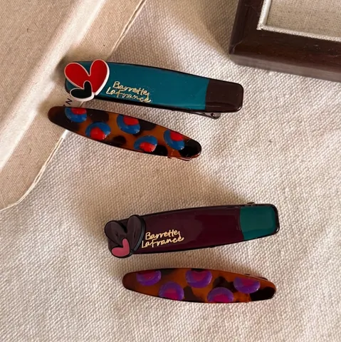 French Retro Contrast Color Heart Hair Clip For Women Acetate Acrylic Duckbill Clip Sweet Side Bangs Clip Vintage Hair Accessories