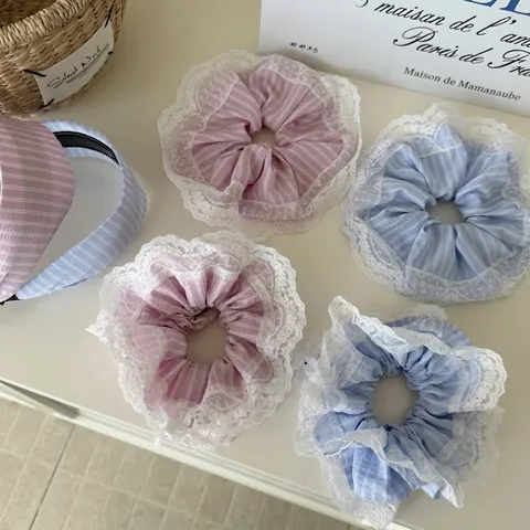 Conjunto de Coletero y Diadema a Rayas con Encaje Estilo Coreano Accesorios Elegantes para el Cabello Mujer Niña