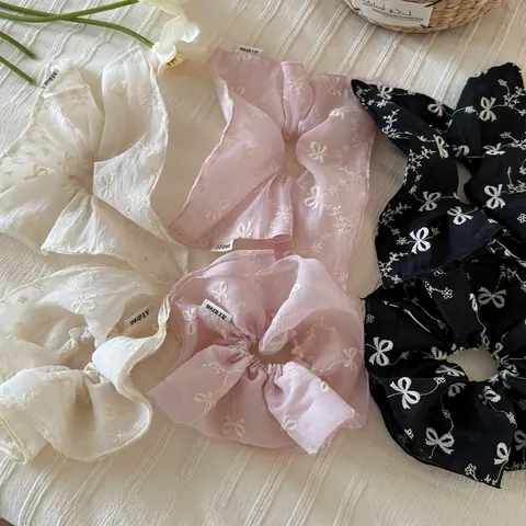 Süße Netzgewebe Bestickte Schleife Haargummi Koreanischer Stil Chiffon Elastisches Haarband Ponytail Halter Damen Haarschmuck