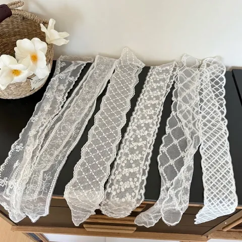 Fascia per Capelli Lunga in Pizzo Bianco Ricamato Vintage Francese per Donna Sciarpa a Pois Floreale Accessorio Styling