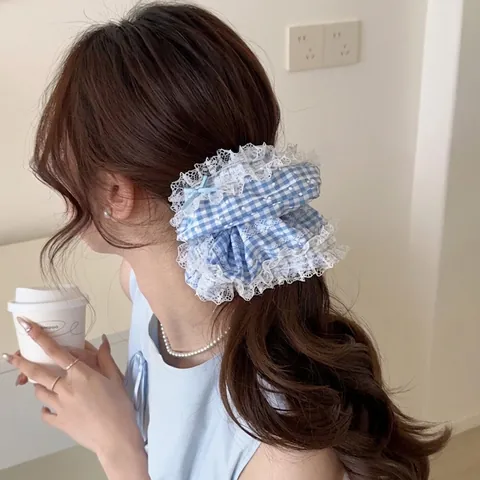 Elastico per Capelli Scrunchie a Quadretti in Stile Coreano con Pizzo e Fiocco Dolce Patchwork per Donna
