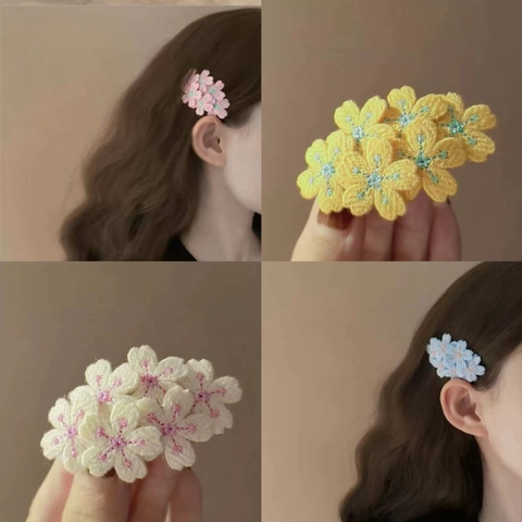 Süße Bestickte Blumen Haarklammer Handgefertigte Gestrickte Kirschblüte Pony Seitenklammer Floral Haarschmuck Für Damen