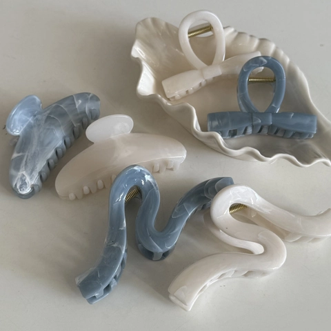 French Style Large Acrylic Hair Claw Clip Blue White Marble Texture Wave Bow Flower Shark Clip Hair Styling Accessory For Women