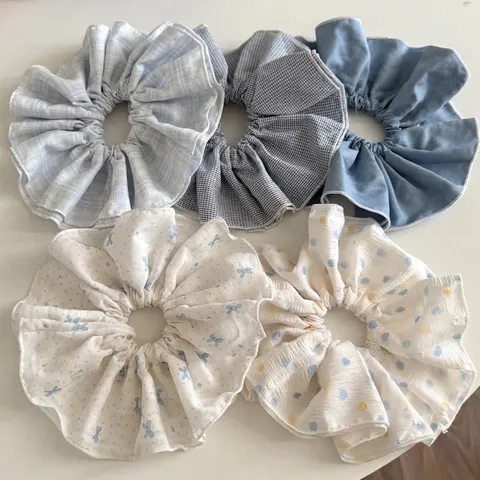Fresh Fabric Hair Scrunchies For Women Bowknot Polka Dot Pattern Large Ruched Elastic Hair Ties Handmade Hair Accessories
