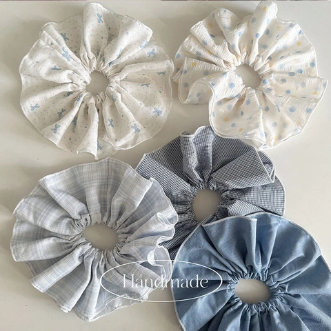 Fresh Fabric Hair Scrunchies For Women Bowknot Polka Dot Pattern Large Ruched Elastic Hair Ties Handmade Hair Accessories