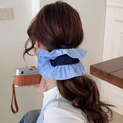 Scrunchie a Righe Blu e Bianche Con Motivo a Fiocco Nero Elastico per Capelli in Tessuto Grande per Donna e Ragazza