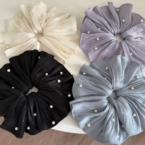 Elastico per Capelli Plissettato in Raso Extra Large Con Perle Artificiali Elegante Fascia per Capelli in Rete per Donna