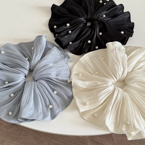 Elastico per Capelli Plissettato in Raso Extra Large Con Perle Artificiali Elegante Fascia per Capelli in Rete per Donna