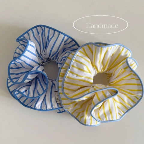 Chouchou en Tissu Rayé à la Mode Grand Élastique à Cheveux Avec Bordure Bleue Fait Main Élégant Accessoires Cheveux Femme Jaune Bleu