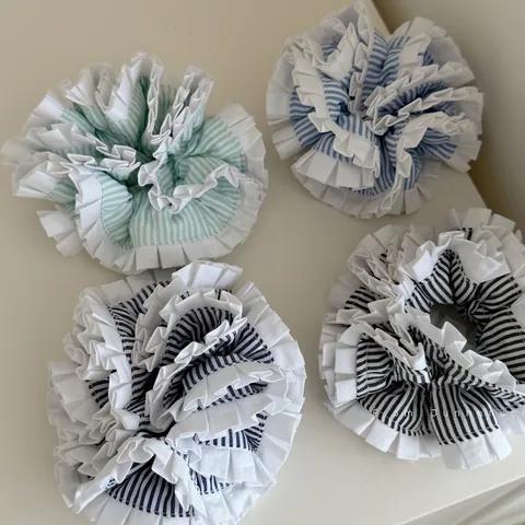 Französischer Stil Blau Gestreift Große Scrunchie Schwere Arbeit Spitzenkante Plissee Haargummi Elegant Damen Mode Kopfschmuck