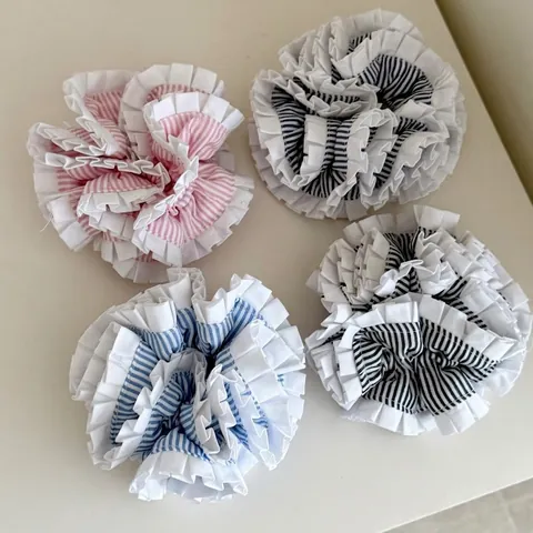 Französischer Stil Blau Gestreift Große Scrunchie Schwere Arbeit Spitzenkante Plissee Haargummi Elegant Damen Mode Kopfschmuck
