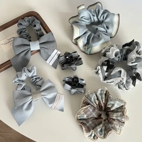 Coleteros con Lazo de Estilo Francés para Mujer Coleteros de Tela Elegante Encaje a Cuadros Accesorios para el Cabello Vintage Estéticos para Niñas Uso Diario