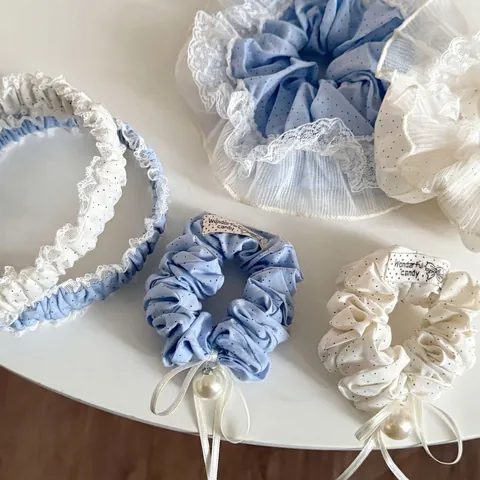 Coletero de Lunares Azul Blanco con Encaje Lazo y Perla Artificial Diadema Pinza para el Cabello Dulce Tela Mujer
