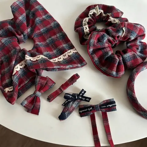 Vintage Rot Blau Kariert Schleife Haarspange Spitze Haargummi Stirnband Damen Britischer Stil Karo Haarschmuck Handgefertigter Kopfschmuck