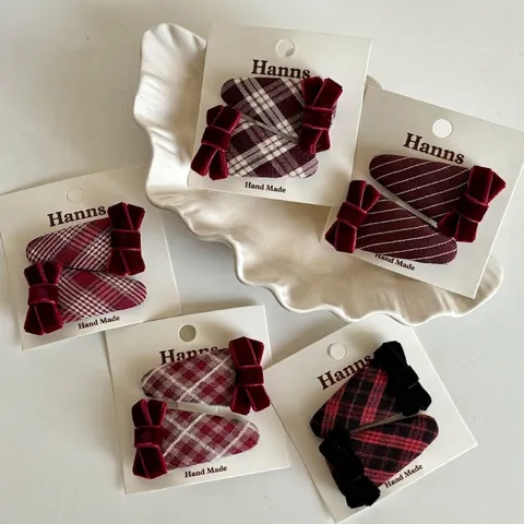 French Wine Red Plaid Hair Clips Velvet Bow Hairpins Retro Checkered Teardrop BB Clips Handmade Hair Accessories For Women