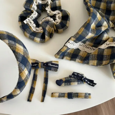 Accessori per Capelli Plaid Vintage Britannici Giallo Blu Fiocco Clip Per Capelli Pizzo Scrunchie Decorazione In Stoffa