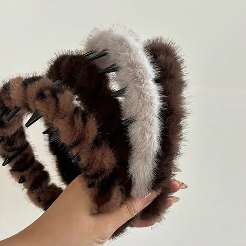 Retro Leopardenmuster Plüsch Stirnband Mit Rutschfesten Zähnen Kunstfell Haarreif Für Damen Gesichtswäsche Make-up Haarschmuck