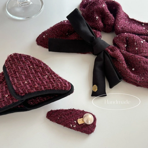 Set di Fermagli per Capelli in Tessuto Tweed Viola Fatti a Mano Con Fiocco e Decorazione di Perle Artificiali Accessori per Capelli