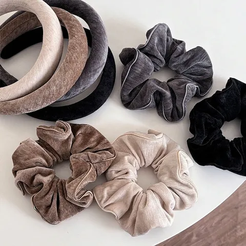 Vintage Velvet Scrunchies And Padded Headband For Women Elegant Solid Color Ruched Hair Ties Wide Hairband Handmade Hair Accessories