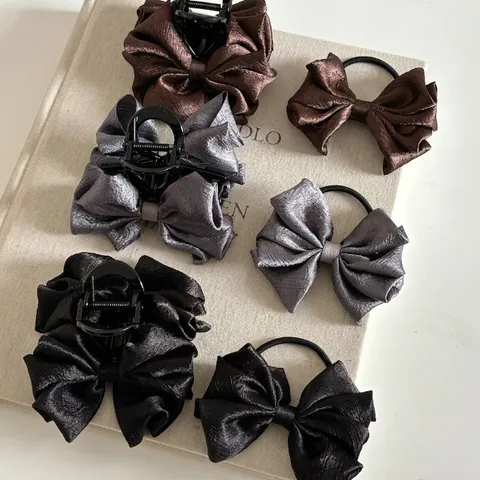 Ensemble de Pince à Cheveux Nœud en Satin Plissé Vintage et Élastique à Cheveux Grand Nœud Accessoires de Coiffure Femme