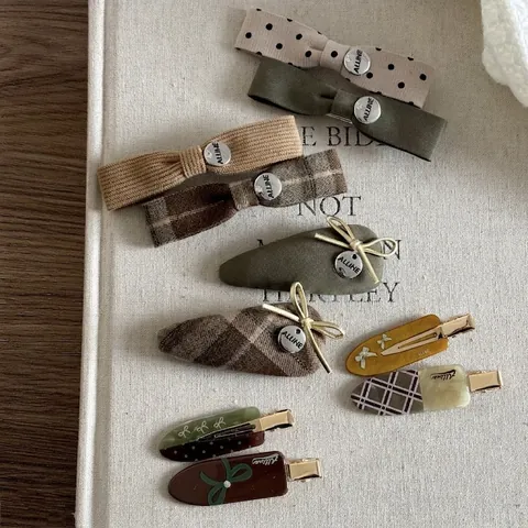 Vintage Korean Style Green Plaid Polka Dot Bow Hair Clips For Women Fabric Acrylic Duckbill Fringe Clip Hair Accessories