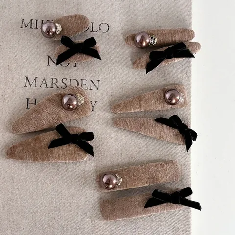 Vintage Velvet Bow Artificial Pearl Hair Clips For Women Elegant Milk Tea Color Corduroy Water Drop BB Clip Geometric Hairpins