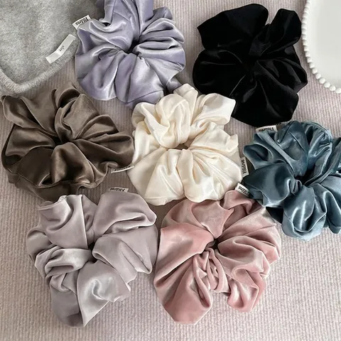 French Elegant Oversized Velvet Scrunchies For Women Solid Color Glossy Fabric High Elastic Hair Ties Vintage Hair Accessories
