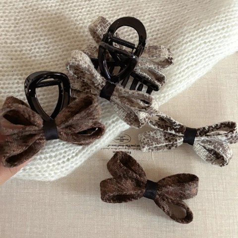 Pinza de Pelo de Lazo de Cuadros Retro Tela Tweed Pinza de Tiburón para Mujer Elegante Otoño Invierno Accesorios de Pelo
