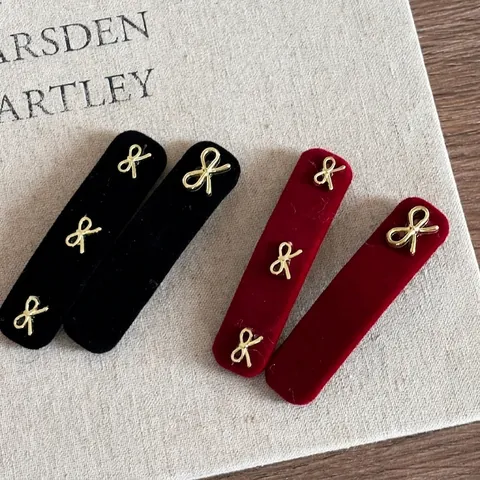 Vintage Fluwelen Strik Haarclip Elegante Franse Stijl Gouden Metalen Strik Zijclip Handgemaakte Haaraccessoires Vrouwen