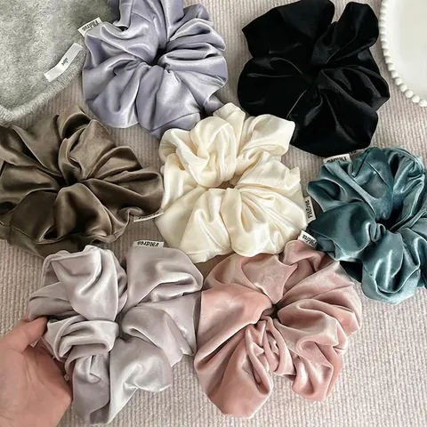 French Elegant Oversized Velvet Scrunchies For Women Solid Color Glossy Fabric High Elastic Hair Ties Vintage Hair Accessories