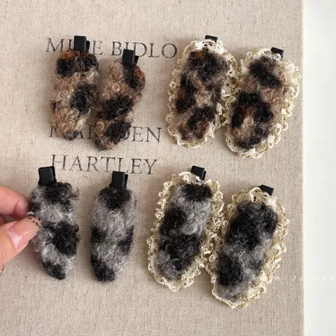Leopard Print Plush Hair Clip With Lace Trim Retro Faux Lamb Wool Side Clip Handmade Fashion Hair Accessories For Women