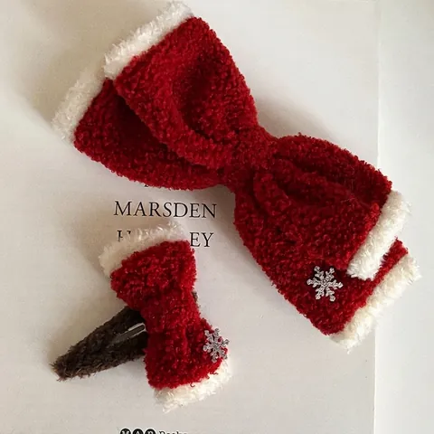 Fermaglio per Capelli Fiocco in Peluche Natalizio Rosso Bianco Finta Lana di Agnello Decorazione Neve Dolce Accessorio Invernale Donna