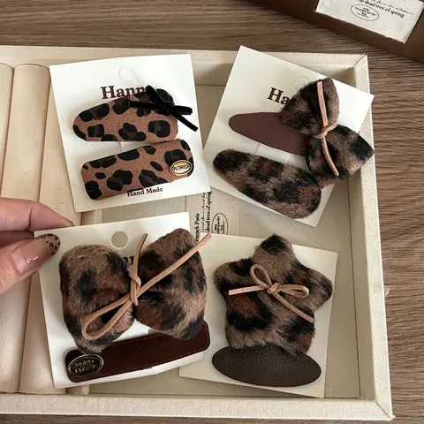 Pinzas para el Cabello de Felpa con Estampado de Leopardo Vintage Lazo Estrella Diseños de Piel Sintética Terciopelo Accesorios