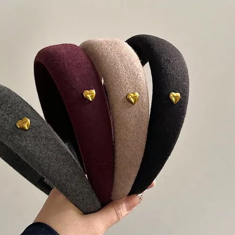 Diadema Acolchada de Lana Vintage Con Hebilla de Corazón Dorado Otoño Invierno Grueso Diadema de Moda Accesorios para el Cabello Mujer