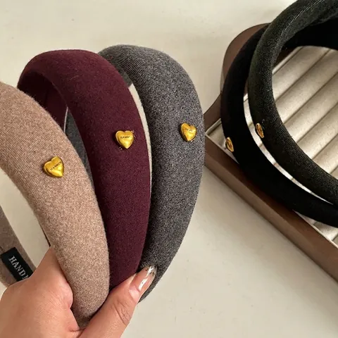 Diadema Acolchada de Lana Vintage Con Hebilla de Corazón Dorado Otoño Invierno Grueso Diadema de Moda Accesorios para el Cabello Mujer